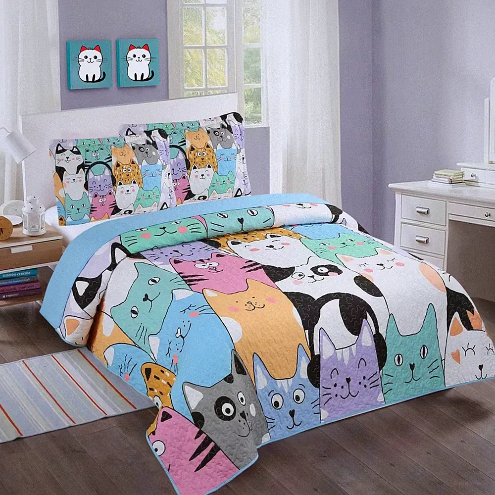 Adorable Cat Quilt Bedspread Set Cozy and Fun Bedding for Bedroom WX202
